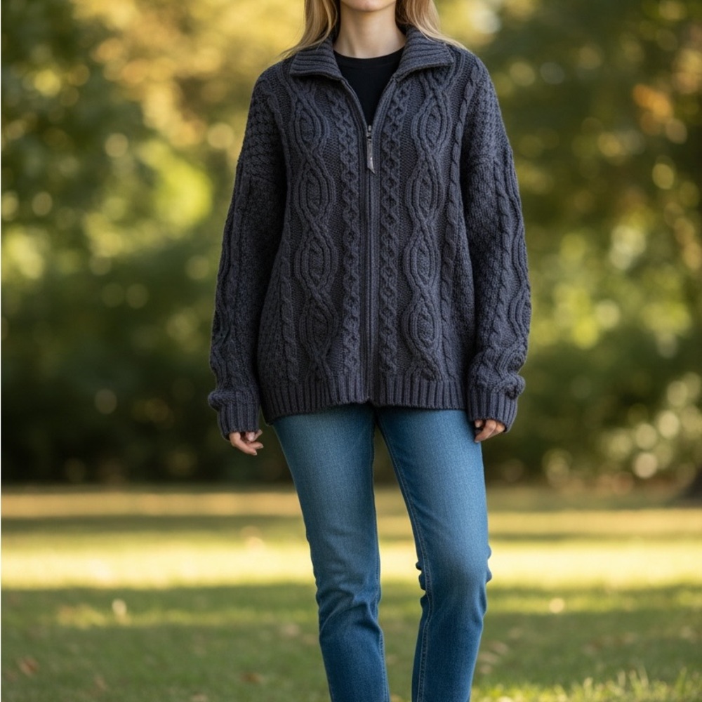 Aran Crafts Dark Blue Zip-CNN Up Cable Sweater